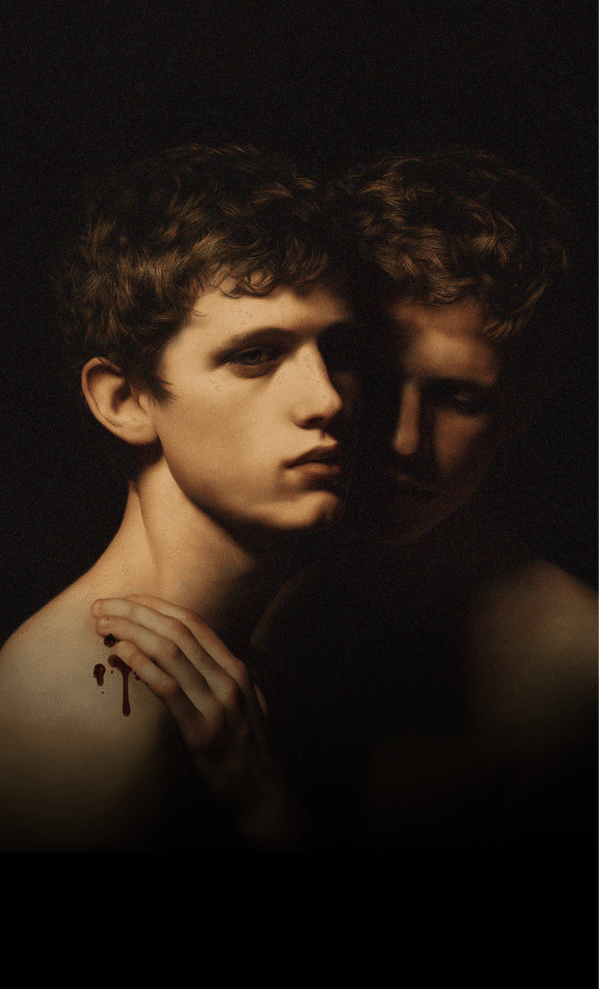The First Murder AI banner image of two shirtless teenage boys standing in darkness, one has blood on his shoulder