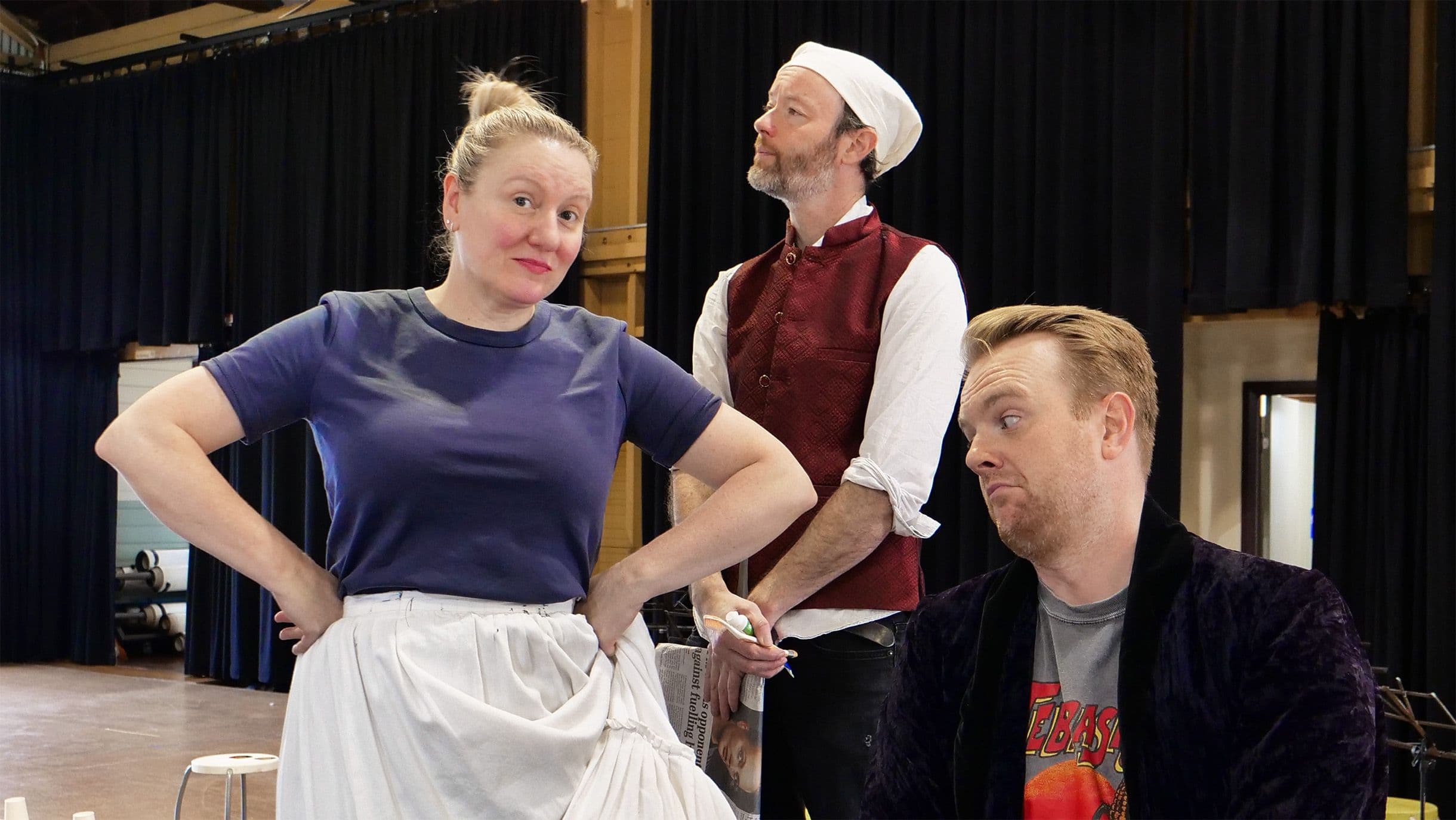 Celeste Lazarenko, Gareth Davies and Morgan Pearse in the rehearsal room