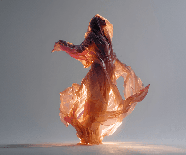 A female figure wrapped in a windswept pink sheet, illuminated backlit from behind, she stands in profile and looks up