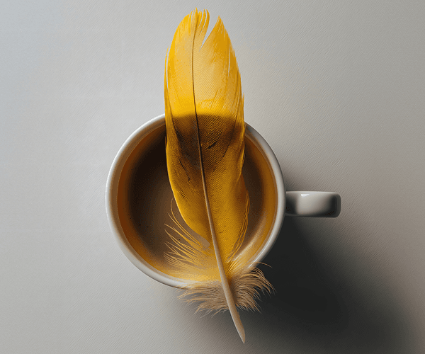 A view of a coffe cup from above filled with coffee with a yellow feather resting across the brim of the cup