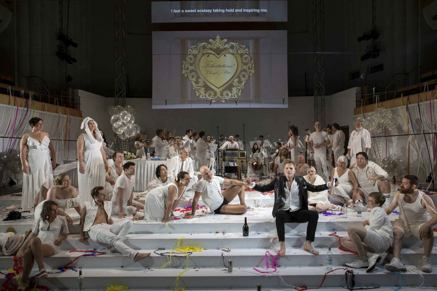 Nicholas Jones as Thespis with the company of Platée