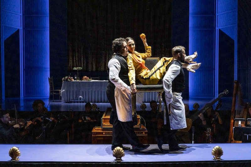 Andrew O'Connor as Gelone, Anna Dowsley as Orontea, and Heath Keating as Waiter.