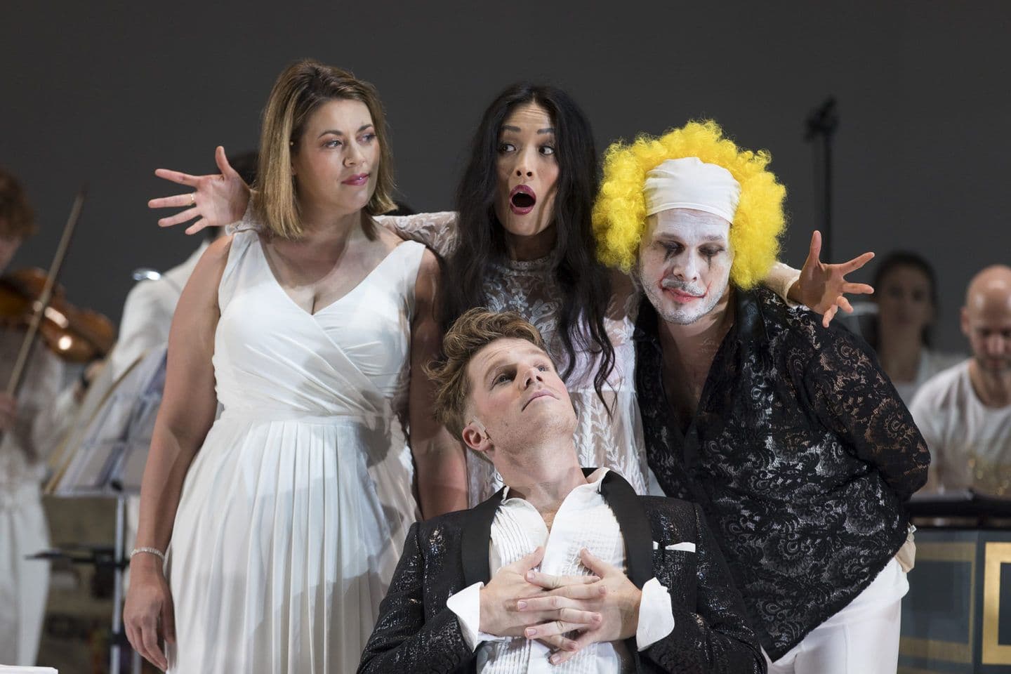 Amy Moore as Thalie, Cathy-Di Zhang as Amor, David Grego as Momus, and Nicholas Jones as Thespis