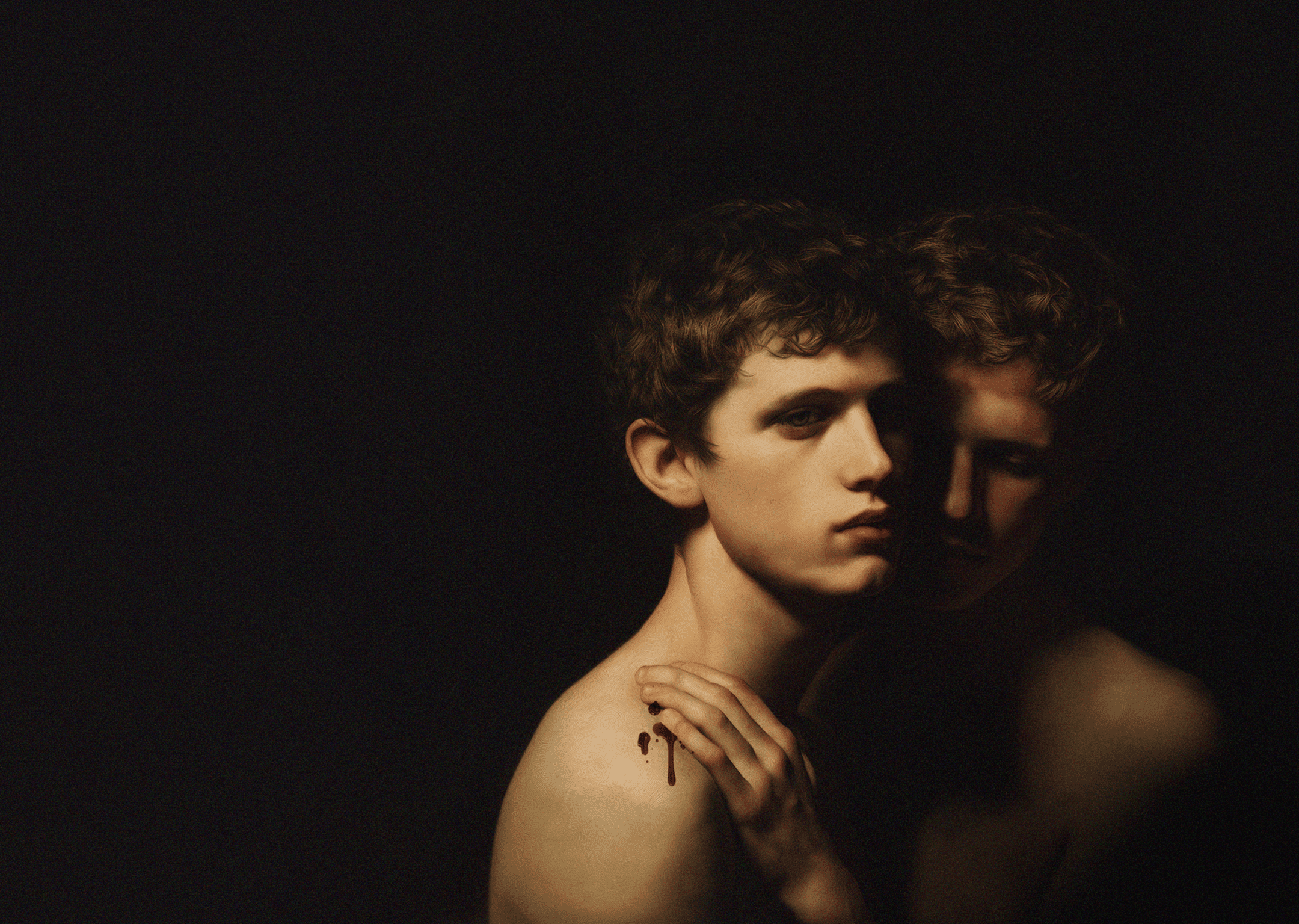 The First Murder AI banner image of two shirtless teenage boys standing in darkness, one has blood on his shoulder